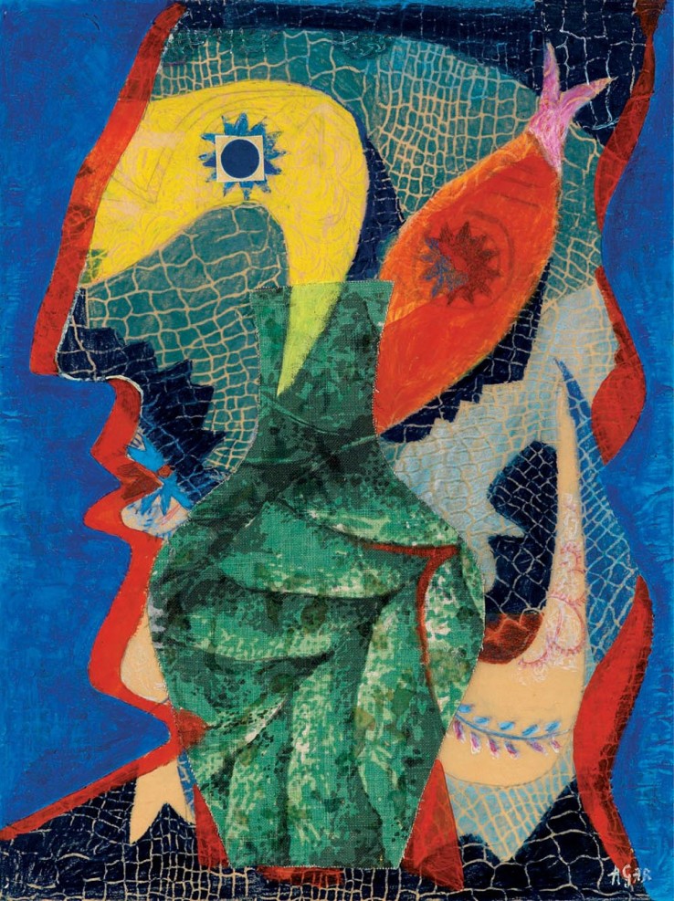 Eileen Agar  Fisherman, 1957  Oil, pastel and collage on paper  50.8 x 38 cm