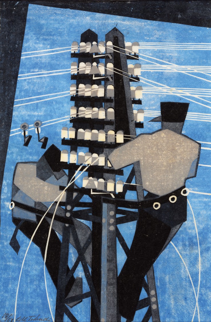 Lill Tschudi  Fixing the Wires, 1932  Linocut on oriental paper  30.2 x 20.2 cm  From the edition of 50 impressions  Numbered and signed in image lower left; titled in margin