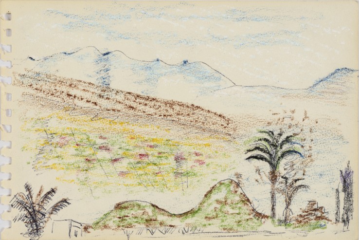 Eileen Agar RA  Untitled (Tenerife Landscape), 1950s  Oil pastel and biro on paper  12.2 x 19 cm