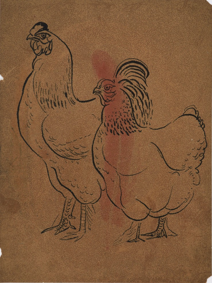 Eileen Agar RA  Untitled (Rooster and Hen)  Ink and watercolour wash on oil-soaked paper  25.3 x 19 cm