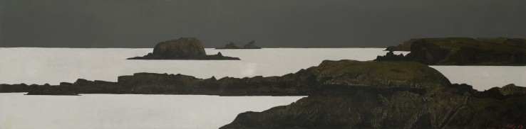 John Kelly  Silver Sea, 2017  Signed and dated lower right; titled verso  Oil on canvas on board  31 x 122 cm
