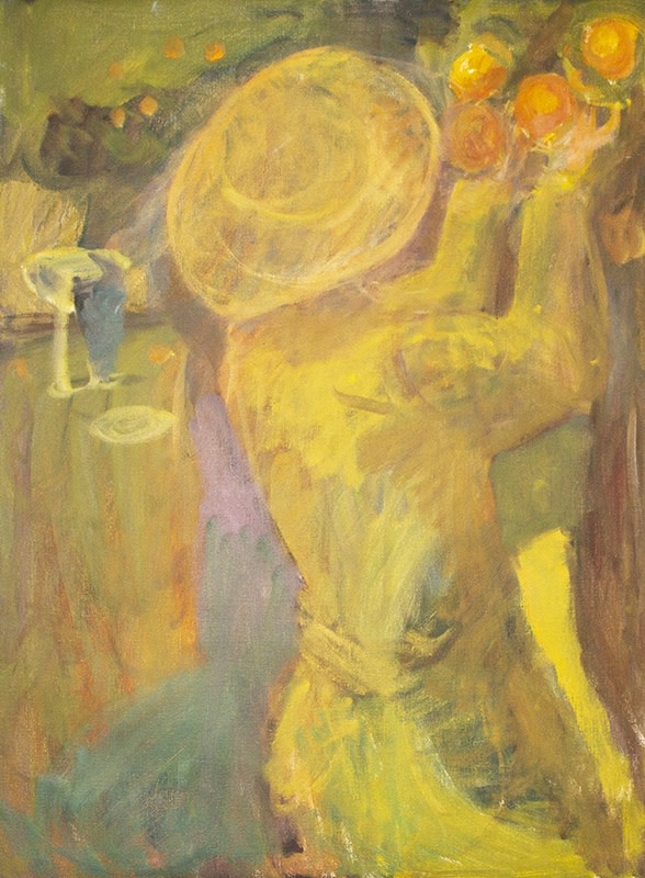 Susannah Fiennes  Picking quince (in hat), 2015  Oil on canvas  91 x 69 cm