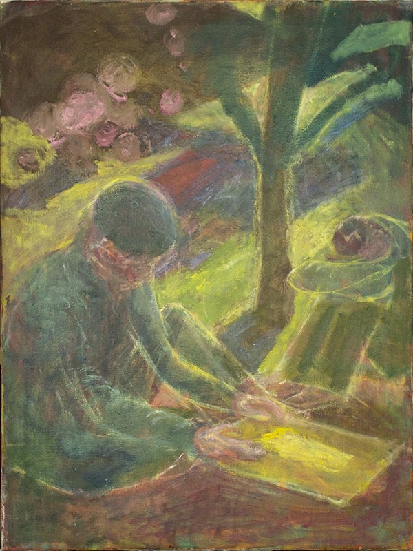 Susannah Fiennes  Figures under tree, 2015  Oil on canvas  91 x 69 cm