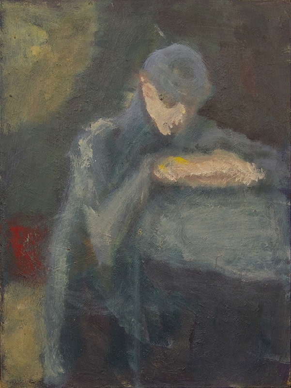 Susannah Fiennes  Resting on bale, 2015  Oil on board  25 x 20 cm
