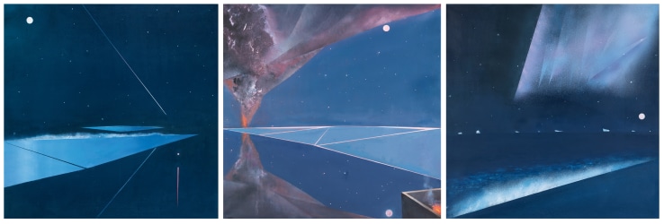 Keith Grant  Last Ice Series: Meteor, Volcano, Aurora, 2024  Oil on canvases (triptych)  Each panel: 100 x 100 cm