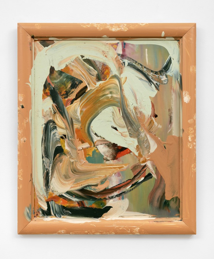 Katy Moran e and g, 2022 acrylic on found painting 65 × 54.5 cm (25 ⅝ × 21 ½ in)