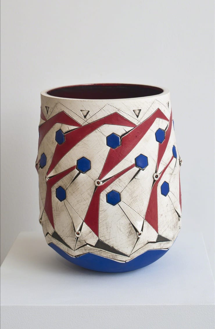 Andile Dyalvane, Scarified Red/Blue honeycomb vase, 2015