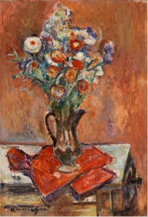 Pinchus Kremegne, Bouquet on the Red Tablecloth, 1950