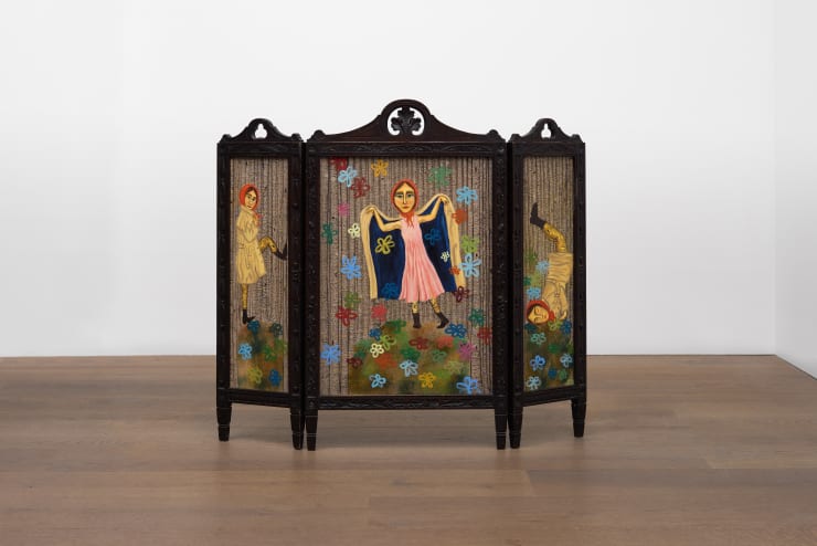 Ayla Dmyterko Secrets fall in the forest, 2025 Oil and distemper on linen in found wooden screen 84 x 90 cm 33 x 35 1/2 in