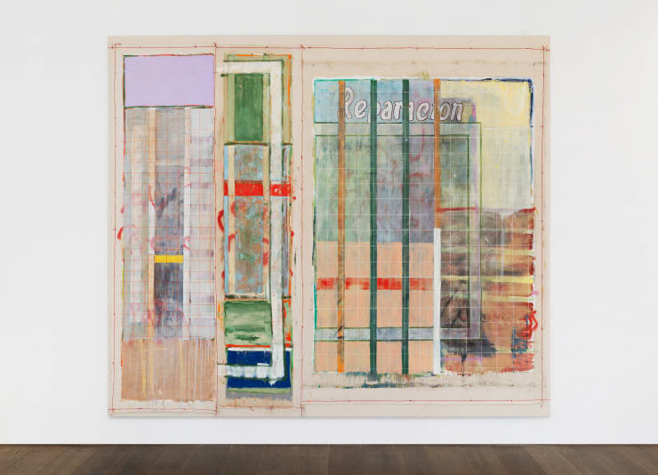 Jhonatan Pulido Reparación, 2025 Acrylic, oil, yarn and colour pencil on canvas 257 x 299 cm 101 x 117 1/2 in