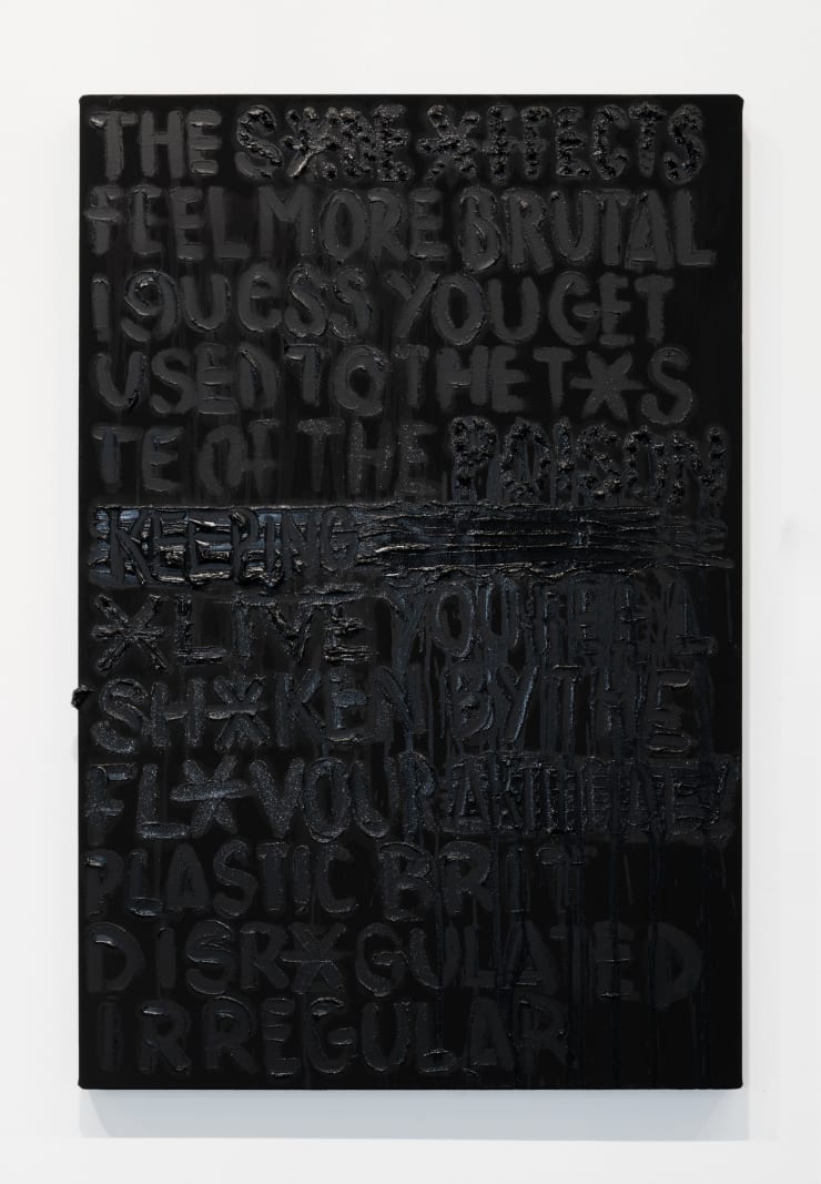 BLCKGEEZER Black Nausea: Poison keeping you *live , 2025 Acrylic, vinyl, aluminium glitter, oil and varnish on canvas 90 x 60 cm 35 1/2 x 23 1/2 in