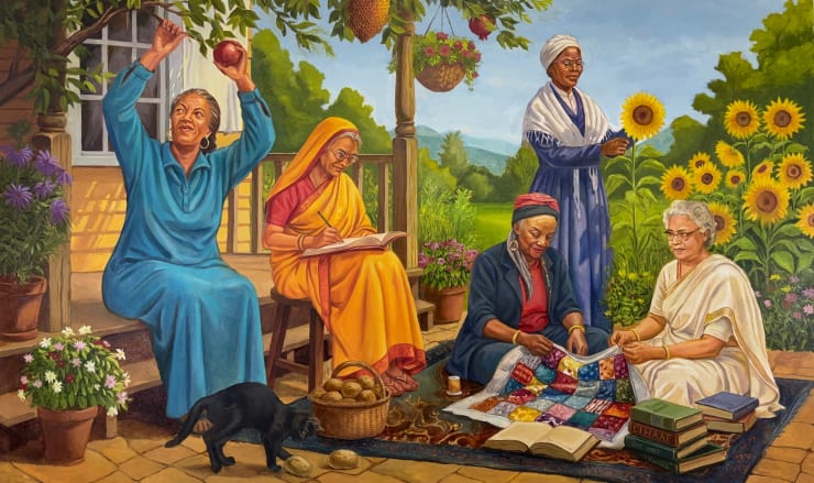 Saviya Lopes सध्या काय चाललय? / What are you up to these days? (L-R: Toni Morrison, Babytai Kamble, Faith Ringgold, Sojourner Truth, Ismat Chughtai, 2025 Oil on linen canvas 60 x 36 in 152.4 x 91.4 cm