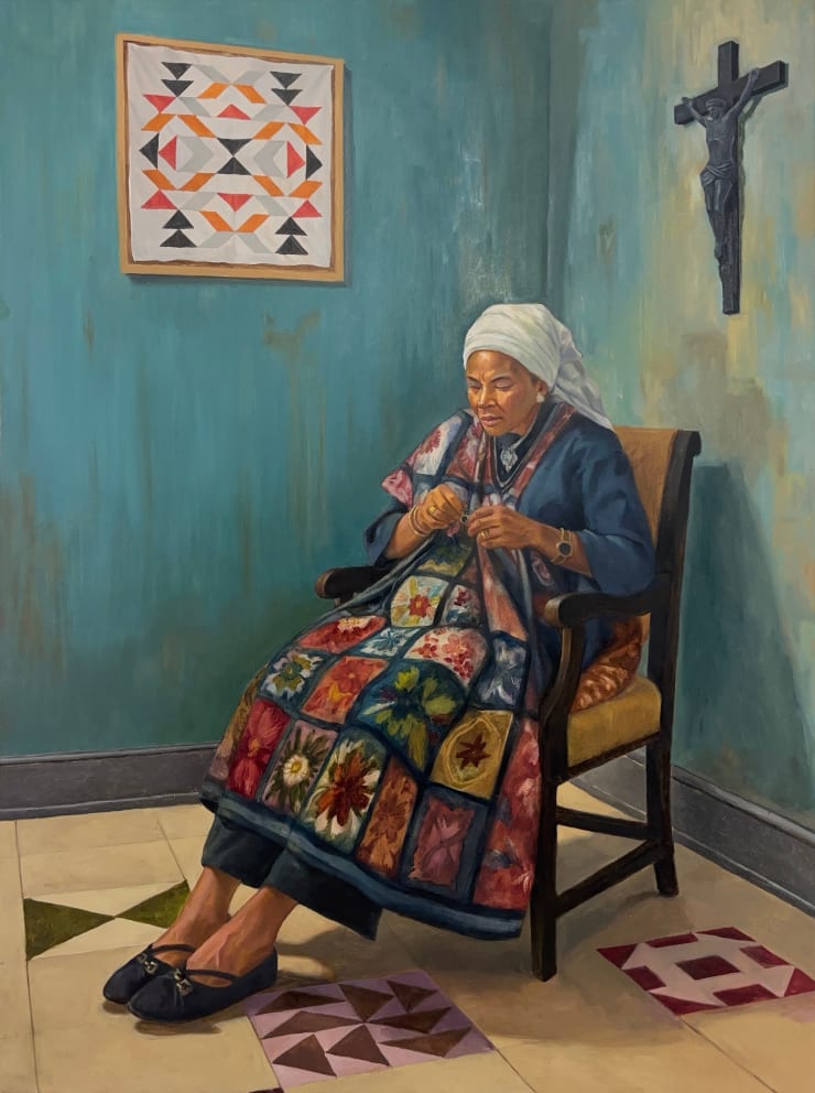 Saviya Lopes I used to know quilting as self-care.... but now I also know it as an ornament for the spectator (Harriet Tubman), 2025 Oil on linen canvas 36 x 48 in 91.4 x 121.9 cm