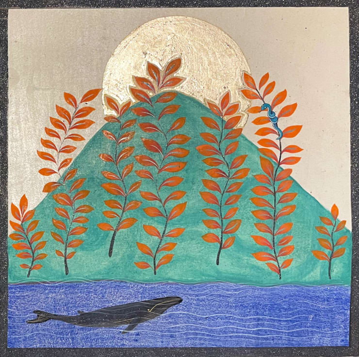 Yasmin Hayat Emerald Mountain, 2024 22 Carat Moon Gold, Shell Gold, Handmade Pigments (hematite), Watercolour on Indian hemp paper 19.5 x 25 cm (wood frame)