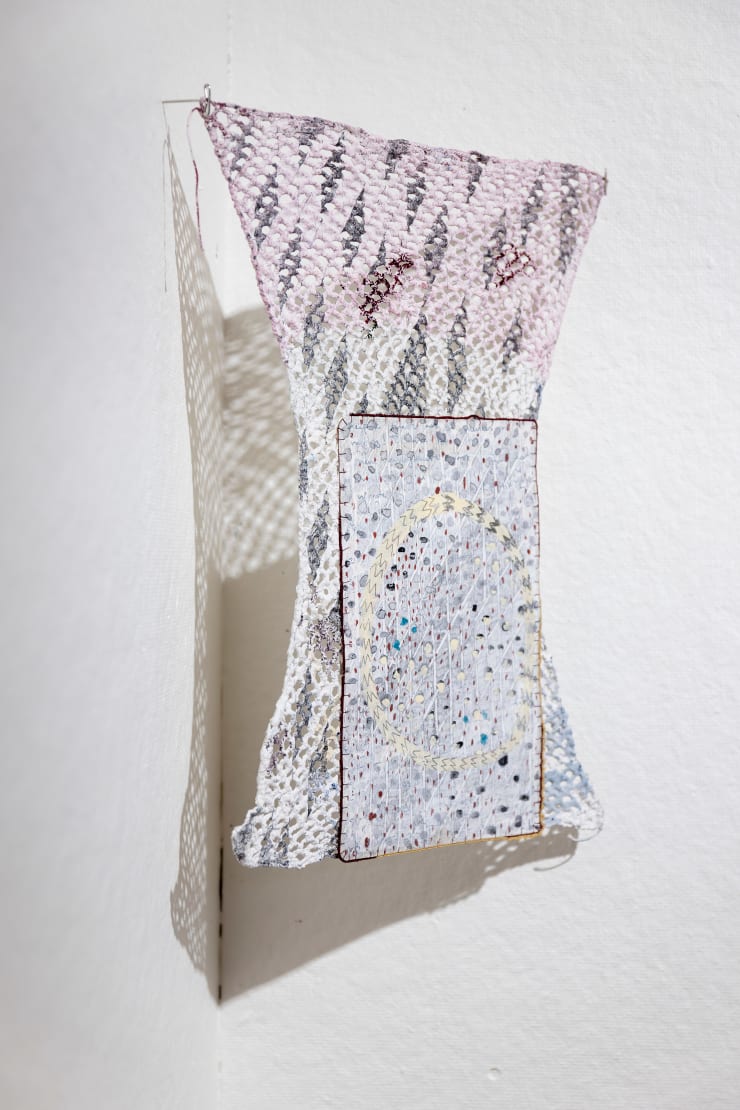 Sabeen Omar if i am to be alone / i’ll take the moon as a friend (Yosa Buson), 2017 & 2022 Gouache, graphite, crochet, pigment, paper, chalk gesso 13.5 x 9.5 inches