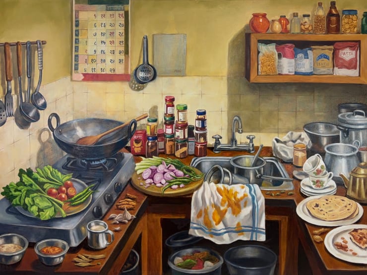 Saviya Lopes I used to know the kitchen as a site of gathering... but now I also know it as a site of invisible labour, 2025 Oil on Linen 48 x 36 in 121.9 x 91.4 cm