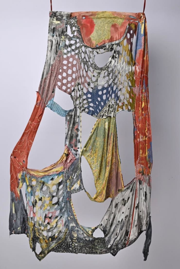 Sabeen Omar is sorrow the true wild? (Ross Gay) iii, 2025 Gouache, egg tempera, ink, oil pastel, colored pencil, graphite, thread, beads, fragments of clothes, chalk gesso 42 x 24.5 in