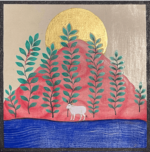 Yasmin Hayat Ruby Mountain, 2024 22 Carat Moon Gold, Shell Gold, Handmade Pigments (hematite), Watercolor on Indian hemp paper 19.5 x 25 cm (wood frame
