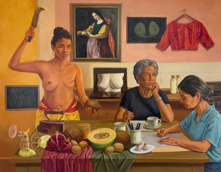 Saviya Lopes छाती भरून आली / Chest is full (L-R: Nangeli, Audre Lorde, Ana Mendieta), 2025 Oil on Linen 54 x 42 in 137.2 x 106.7 cm