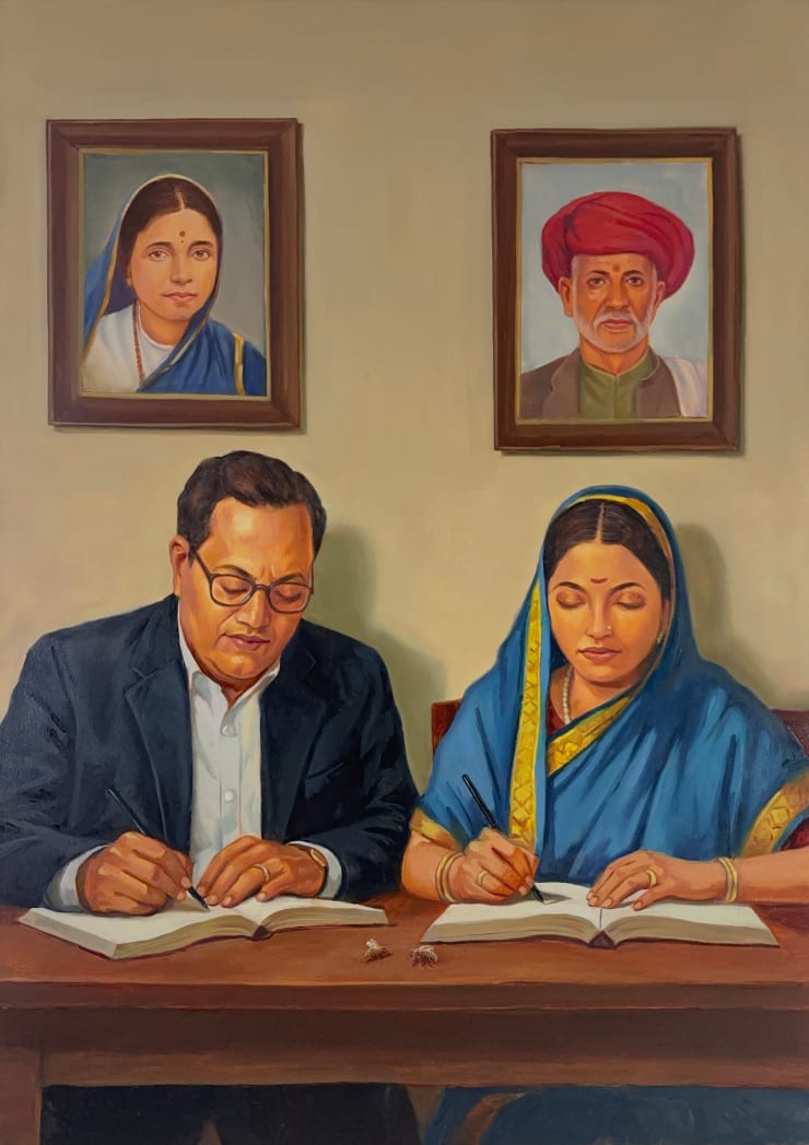 Saviya Lopes I used to know photographs as absence.... but now I also know them as a Presence (Top L-R: Ramabai Ambedkar, Jyotiba Phule | Bottom L-R: Dr. B. R. Ambedkar, Savitribai Phule) , 2025 Oil on Linen 30 x 42 in 76.2 x 106.7 cm