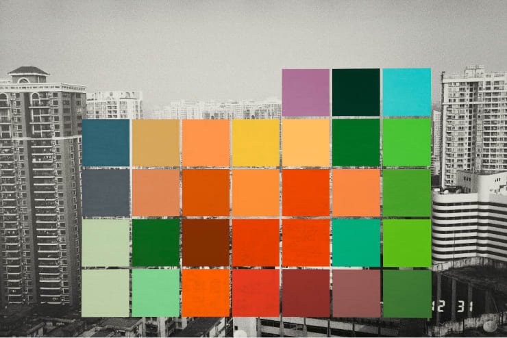 31 sticky notes of various colors are pasted on a black and white photograph of Village Yangji, Guangzhou by artist Li Lang