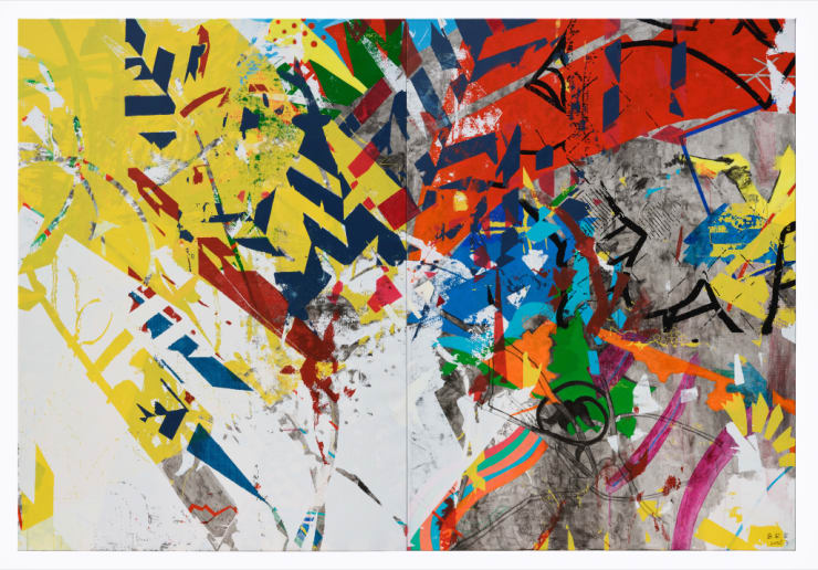 A mixed media painting by artist Bi Rongrong on which she uses different materials and colors such as yellow, red, dark blue, purple etc. to deliver a sense of dynamic patterns