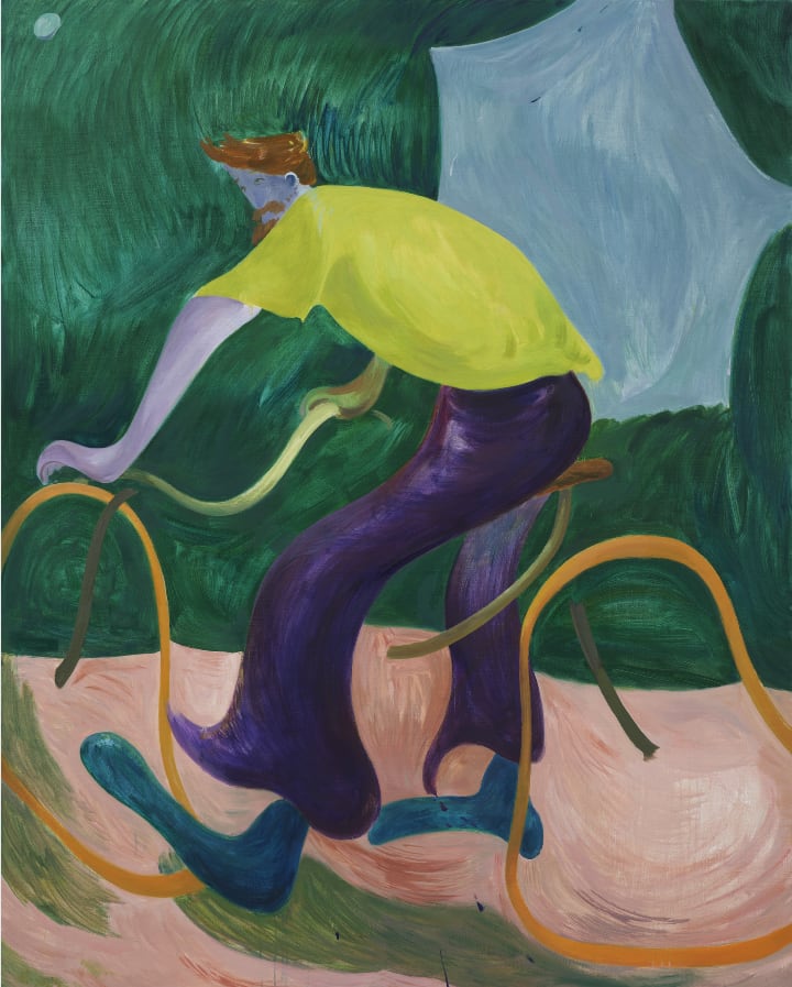 A young man in yellow shirt and purple pants ride with his bicycles.