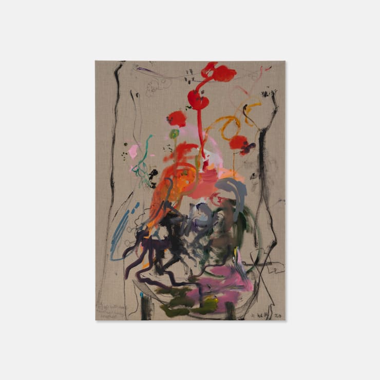 Josh Robbins Dead Crow, Dead Mouse Holding Cheese, Foam Skull, CD Holder, Dead Flowers, Tin Can, Syringes, Bull Dog Clips, Black Velvet, Lace and Table Legs (Small, Colour) Blind Painting With Kids Handing Brushes, 2022 Oil, charcoal and pencil on linen 76 × 56 × 3 cm