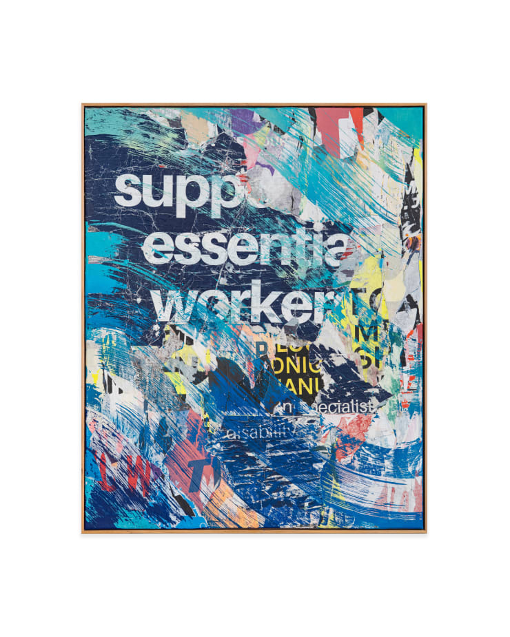 David ‘Meggs’ Hooke 1978 ~ PresentCollective Pause #02, 2025 Titled, signed and dated on reverse Acrylic and salvaged bill posters on canvas framed in natural Victorian ash 101.5 × 81 × 2 cm (unframed) 103.5 × 83.5 × 3 cm (framed)