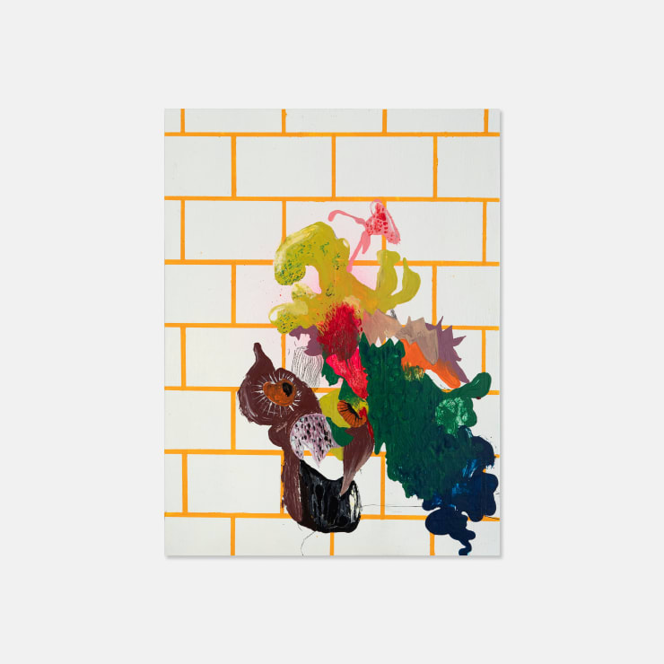 Josh Robbins Vase, Flowers, Plastic Owl, Dad and Imagined Gold Watch (With Lesser Bricks) Blind Draw Laying Down, 2023 Enamel on Belgian linen 76 × 56 × 4 cm