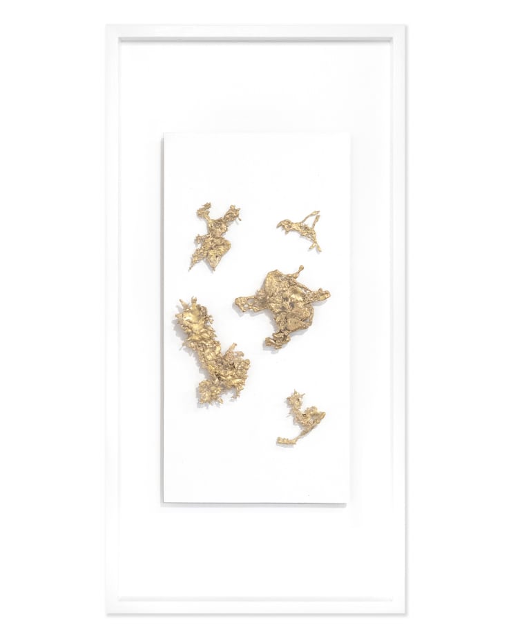 Benjamin Knock 1990 ~ PresentMolten Techtonics X, 2025 Certificate of Authenticity Polished brass and sandstone in open white timber box frame 30 × 15 × 1 cm (unframed) 48 × 24.5 × 4 cm (framed)