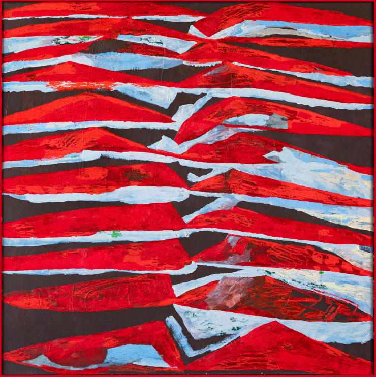 Pia Gynell-Jorgensen I Just Don’t Wanna End Up, 2024 Oil on board in red aluminium frame 120 × 120 × 1.5 cm (unframed) 121 × 121 × 3.3 cm (framed)