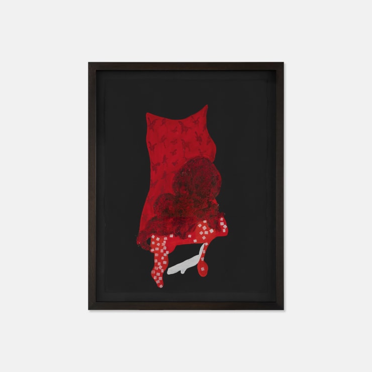 Josh Robbins Watermelon, Apples, T-Bone’s, Strawberry, Tomato, Chilli’s, Pomegranate, Picnic Table Cloth and Table Leg, (Red Sillhouette), 2022 Enamel and saw dust on paper 76 × 56 cm (unframed) 88 × 70 × 4.5 cm (framed)