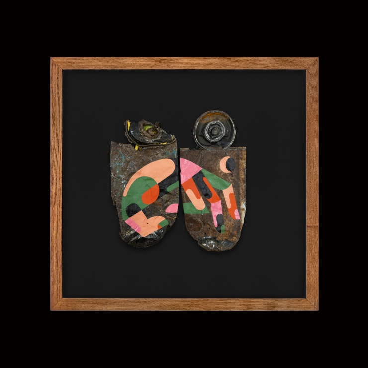 James Reka UNTITLED, 2022 Certificate of Authenticity Acrylic on re-claimed aerosol can Float mounted in natural timber box frame with anti-reflective museum glass 39 × 41 × 4 cm (framed)