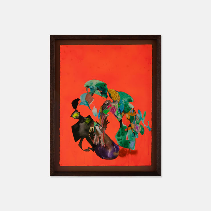 Josh Robbins Vase, Flowers, Plastic Owl, Dad and Imagined Gold Watch (Black Line) Blind Drawing With Paper on Roof, 2023 Enamel and ink on paper 76 × 56 cm (unframed) 88 × 70 × 4.5 cm (framed)