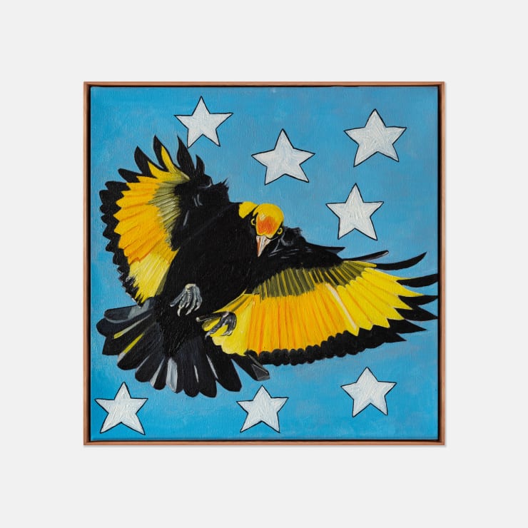 Noni Cragg Regent Bowerbird - “I am your cool, slutty Daddy”, 2023 Signed, titled and dated on reverse Oil on Italian Linen 46 × 46 × 3.5 cm