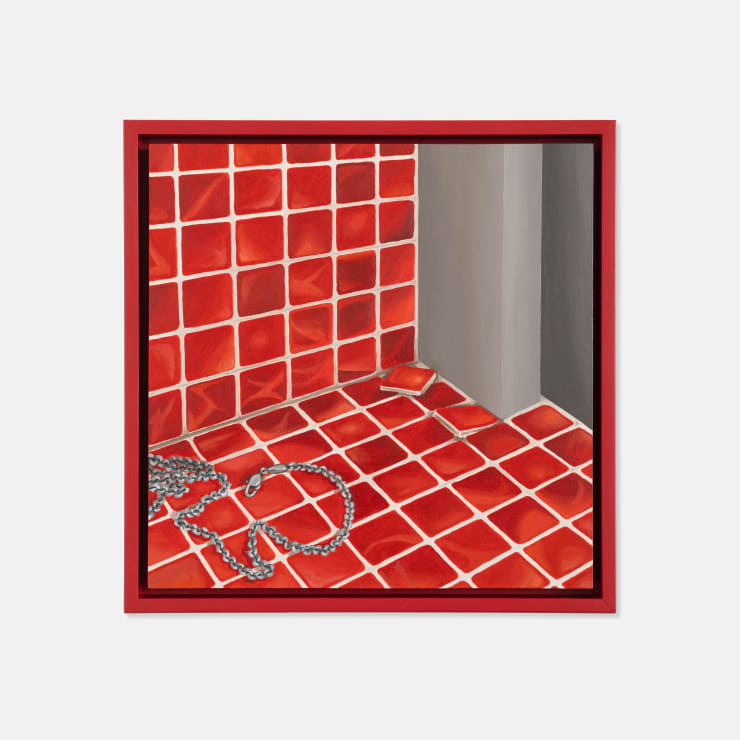George Goodnow Chain Necklace Beside the Shower, 2024 Acrylic and oil on timber panel 30.5 × 30.5 × 2 cm (unframed) 33.5 × 33.5 × 3.5 cm (framed)