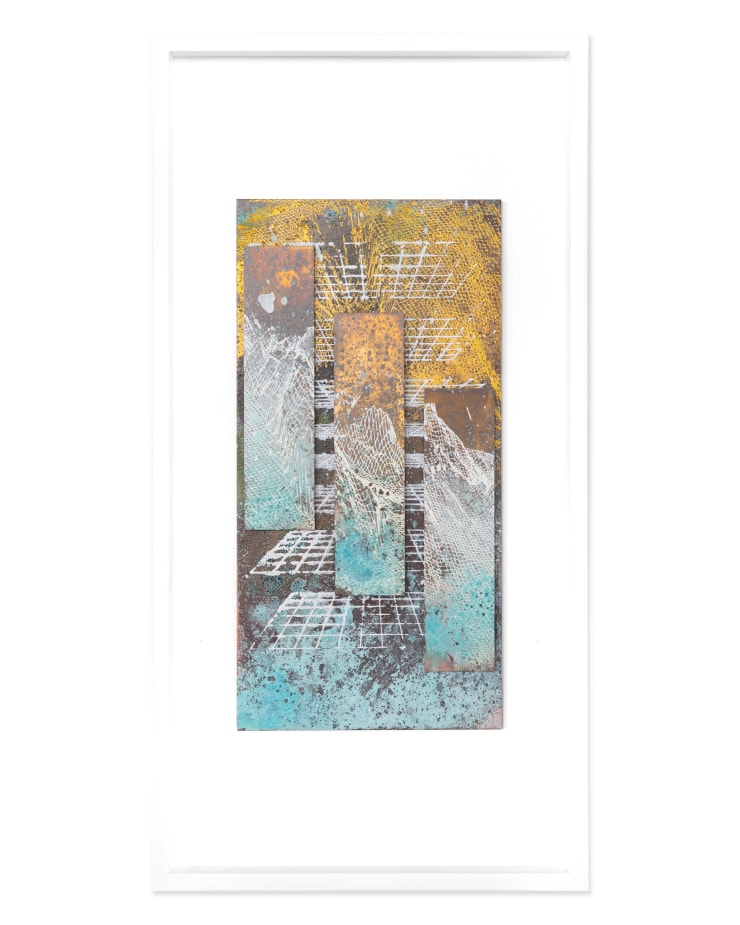 Benjamin Knock 1990 ~ PresentUpflift Array I, 2025 Certificate of Authenticity Plastisol and potassium nitrate on brass panel framed in open white timber box frame 30 × 15 × 1 cm (unframed) 48 × 24.5 × 4 cm (framed)