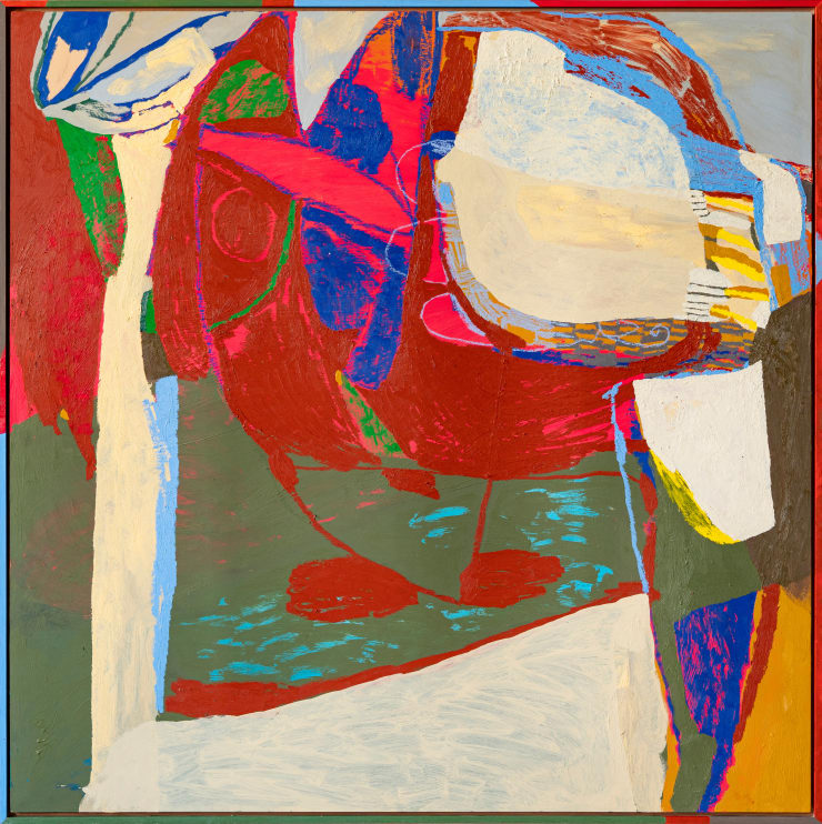 Pia Gynell-Jorgensen Magpie & Butterfly, 2024 Oil on board in hand-painted custom timber frame 120 × 120 × 2 cm (unframed) 123.5 × 123.5 × 3.2 cm (framed)