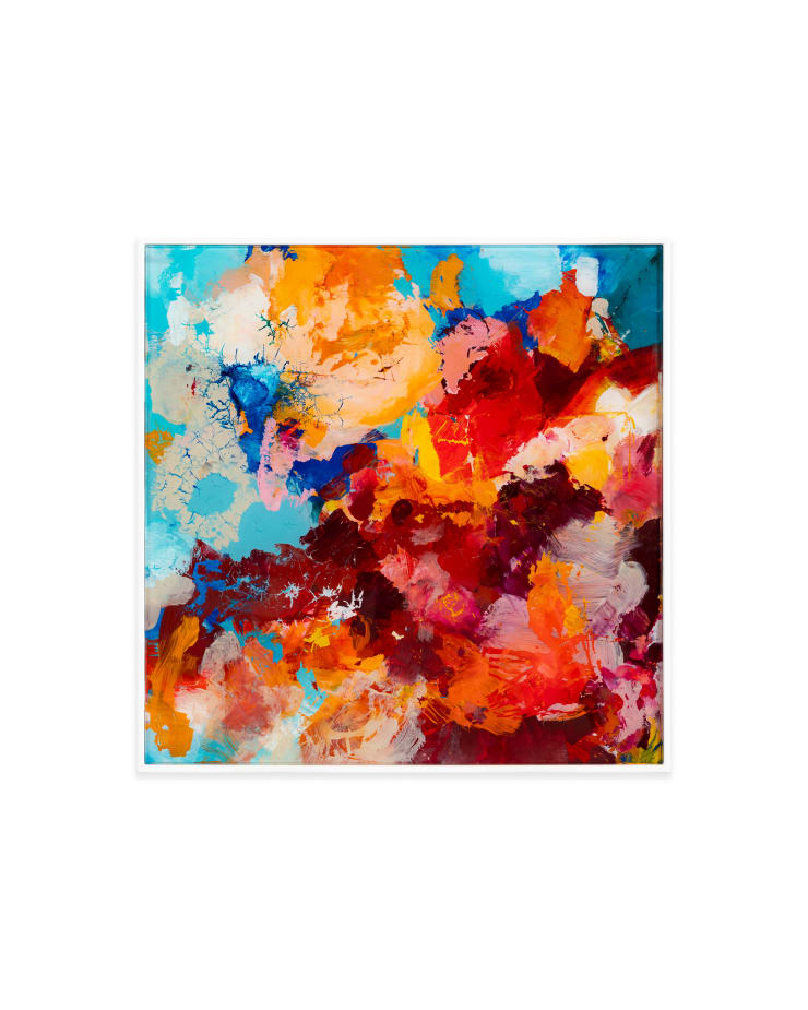 David ‘Meggs’ Hooke 1978 ~ PresentFinding Flow #06, 2025 Titled, signed and dated on reverse Acrylic on 3mm glass pane mounted in white timber box frame 40 × 40 × 0.3 cm (unframed) 41.2 × 41.2 × 9 cm (framed)