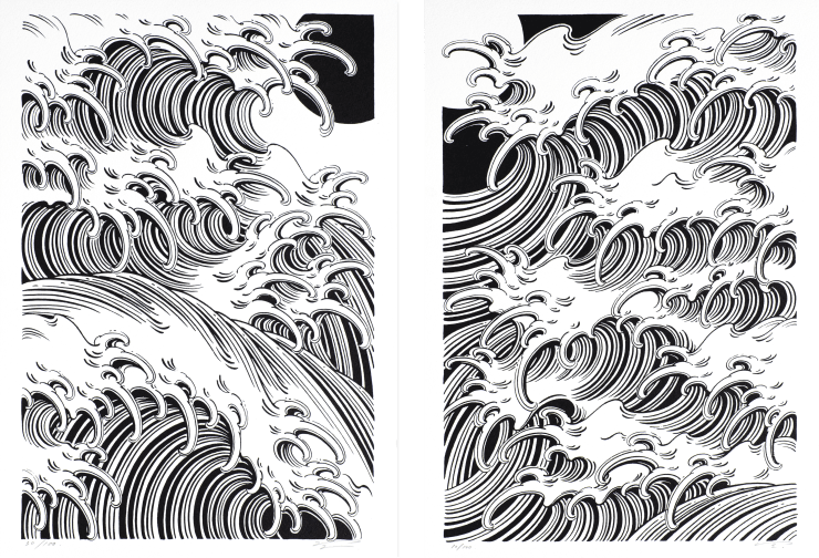 Asian Wave Moon and Sun (Diptych)