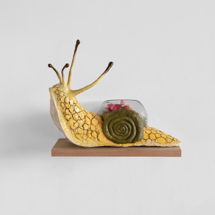 Mike Makatron 1979 ~ PresentSnail Terrarim, 2024 Hand-painted sculpting styrene, acrylic epoxy and glass bowl terrarium with living plant installation by Moss Upon a Time 46 × 58.5 × 26 cm