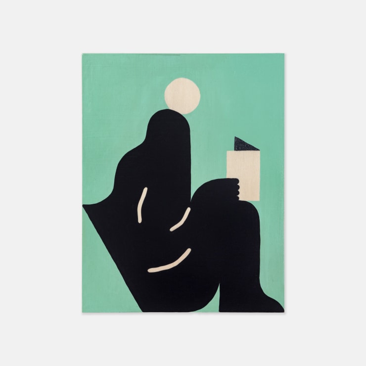 Michael Fikaris 1973 ~ PresentSitting With Book (2 of 4), 2024 Signed, Titled and Dated on Reverse of Panel Acrylic & gouache on hoop pine panel 36 × 28 × 2 cm