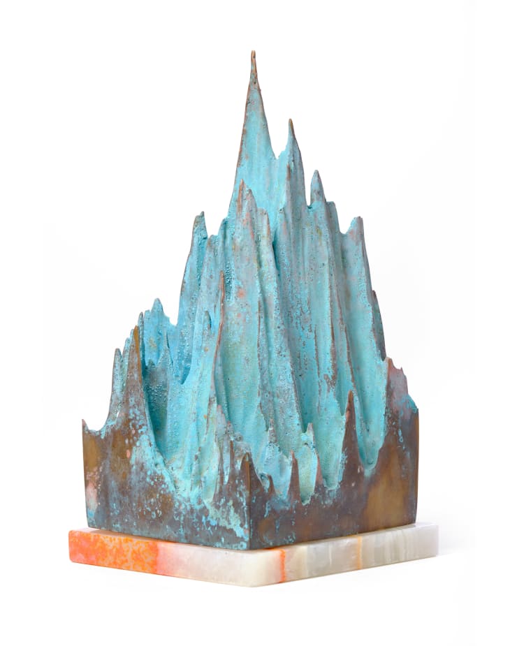 Benjamin Knock 1990 ~ PresentIwo-Yama 24.7876° N, 141.3156° E, 2025 Signed and dated on underside Brass, potassium nitrate on Van Goh onyx base 25 × 12.5 × 12.5 cm