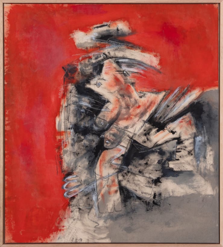 Maya Irving 1995 ~ PresentRuptured Skin Threads Stitching, 2024 Signed, titled and dated on reverse Charcoal, oil pastel, blood and acrylic on canvas with hand-written poem 96.5 × 86.5 × 2.5 cm (unframed) 100.2 × 90 × 4.5 cm (framed)