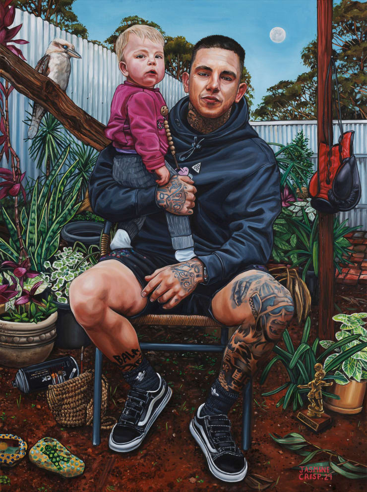 Jasmine Crisp He Held Her Up (A Portrait of Shane & Koa), 2024 Oil on Canvas 102 × 76 × 3 cm (unframed) 106 × 80 × 4 cm (framed)