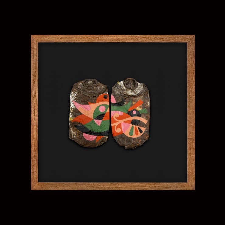 James Reka Foliage, 2022 Certificate of Authenticity Acrylic on re-claimed aerosol can Float mounted in natural timber box frame with anti-reflective museum glass 39 × 41 × 4 cm (framed)