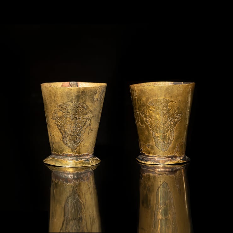 Hiroyasu Tsuri In Bocca Al Luppo (Wolf Skull), 2023 Hand-Etched Copper Shot Glass (Collaboration with 13K Knives) 5 x 4.2 x 4.2 cm & 5.2 x 4.4 x 4.4 cm