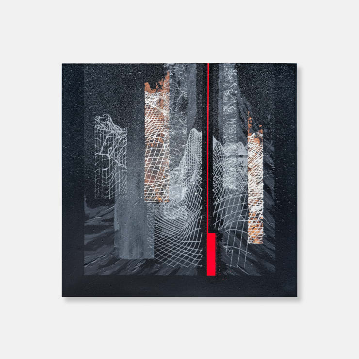 Benjamin Knock Plagioclase I, 2024 Acrylic, atomised pigments, plastisol & oxidised copper on timber panel 25 × 25 × 2 cm