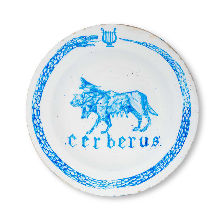 Hiroyasu Tsuri Cerebus, 2023 Ceramic Ink on Vintage Ceramic Plate 23 x 23 x 3.6 cm